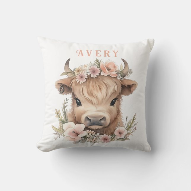 Highland cow pink floral watercolor throw pillow (Front)