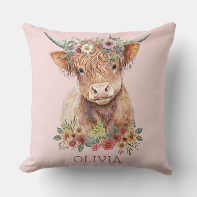 Highland Cow Pink Floral Whimsical Cute Girly Cushion (Front)