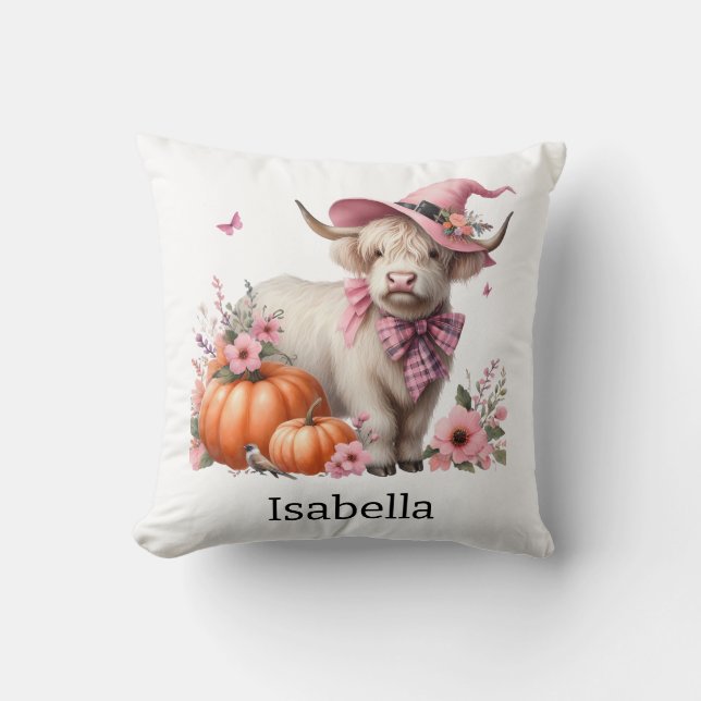 highland cow pink pumpkin flower cushion (Front)