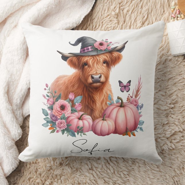 highland cow pink pumpkin flowers Throw Pillow (Creator Uploaded)