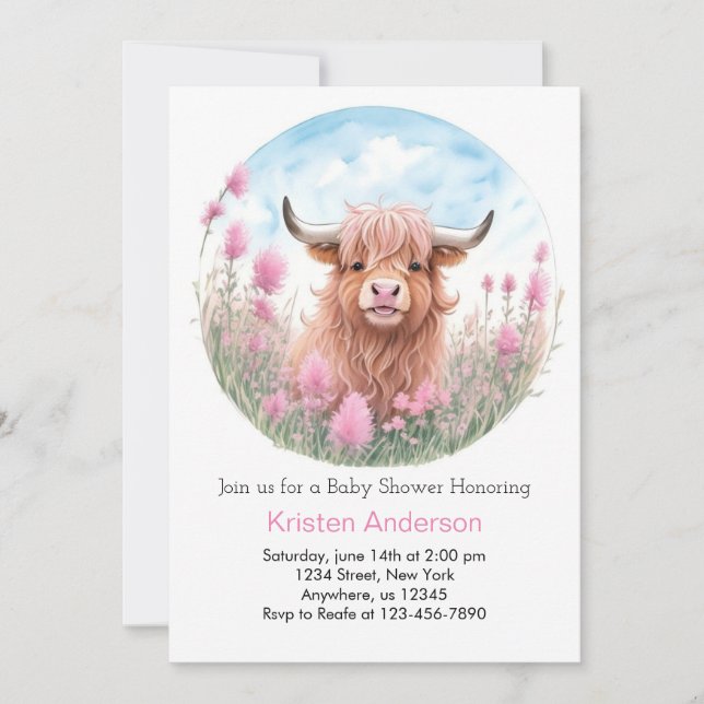 Highland Cow Pink Watercolor Girl Baby Shower Invitation (Front)