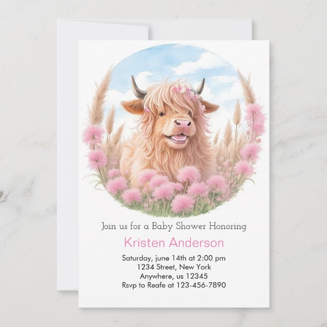 Highland Cow Pink Wildflower Girl Baby Shower Invitation (Front)