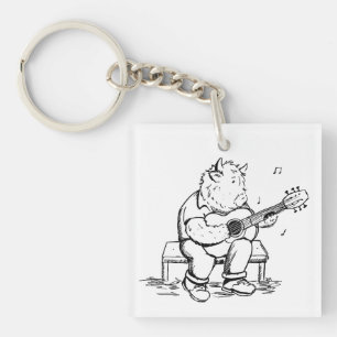 Highland Cow Plays Acoustic Guitar Key Ring