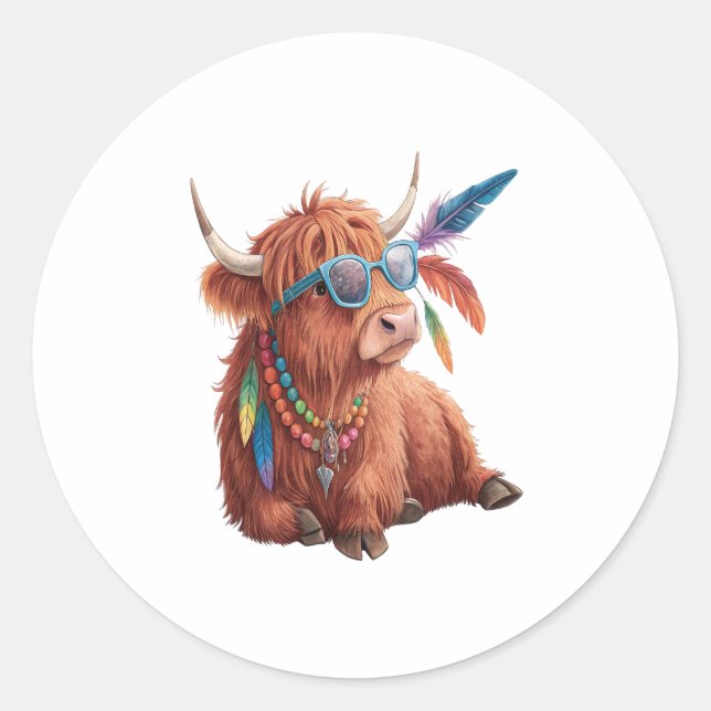 Highland Cow Png, Cool Cow Png, Sunglass Classic Round Sticker (Front)