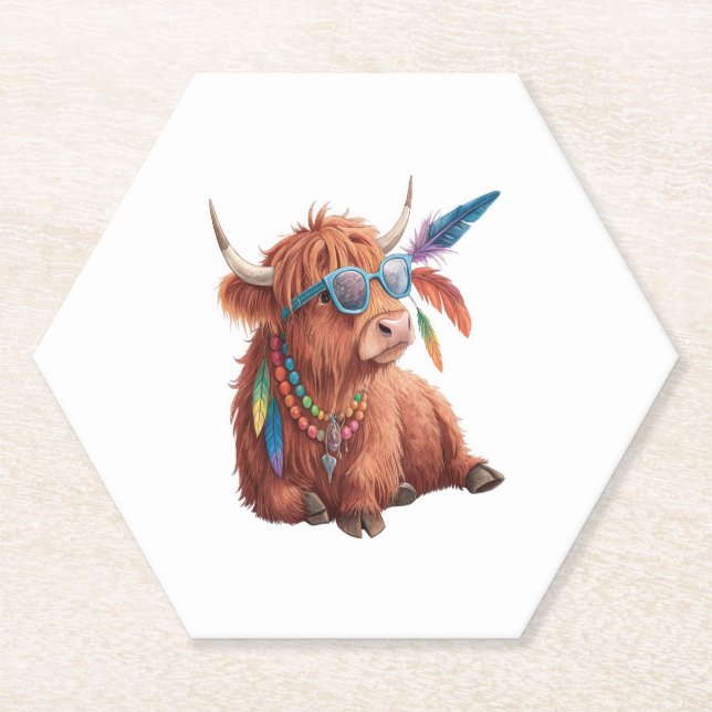 Highland Cow Png, Cool Cow Png, Sunglass Paper Coaster (Front)