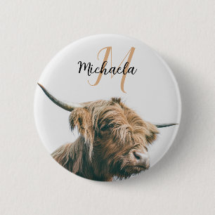 Highland cow portrait custom name initial monogram 6 cm round badge