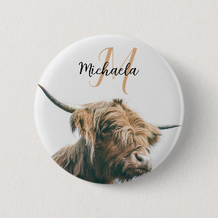 Highland cow portrait custom name initial monogram 6 cm round badge