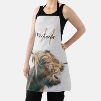 Highland cow portrait custom name initial monogram apron