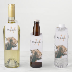 Highland cow portrait custom name initial monogram bottle tag