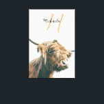 Highland cow portrait custom name initial monogram canvas print<br><div class="desc">Highland cow portrait custom name initial monogram. Portrait photograph of a majestic orange brown highland cattle on a foggy day with white background.</div>