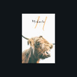 Highland cow portrait custom name initial monogram canvas print<br><div class="desc">Highland cow portrait custom name initial monogram. Portrait photograph of a majestic orange brown highland cattle on a foggy day with white background.</div>