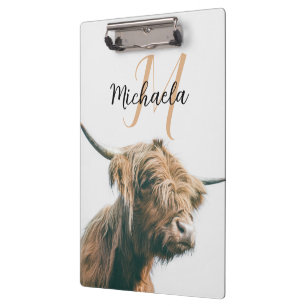 Highland cow portrait custom name initial monogram clipboard
