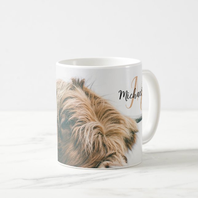 Highland cow portrait custom name initial monogram coffee mug (Front Right)