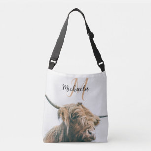 Highland cow portrait custom name initial monogram crossbody bag