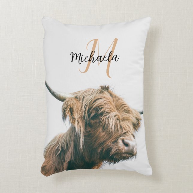 Highland cow portrait custom name initial monogram decorative cushion (Front(Vertical))