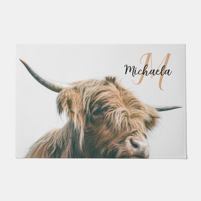 Highland cow portrait custom name initial monogram doormat (Front)