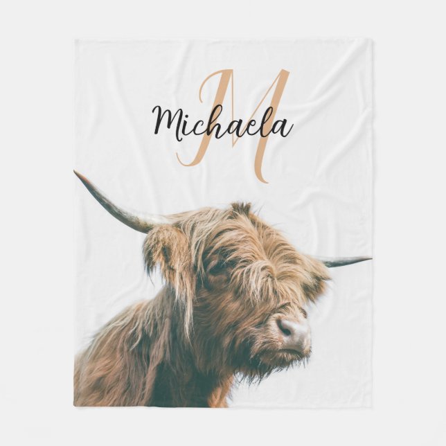 Highland cow portrait custom name initial monogram fleece blanket (Front)