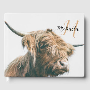 Highland cow portrait custom name initial monogram guest book