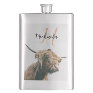 Highland cow portrait custom name initial monogram hip flask