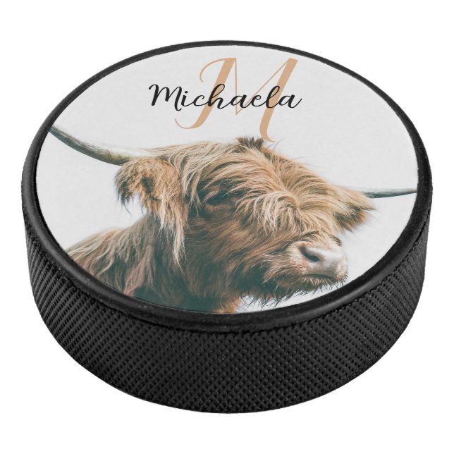 Highland cow portrait custom name initial monogram hockey puck (3/4)