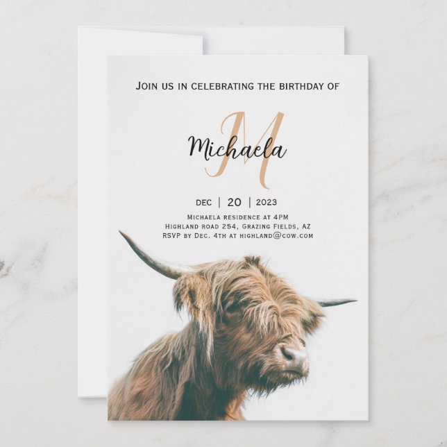 Highland cow portrait custom name initial monogram invitation (Front)