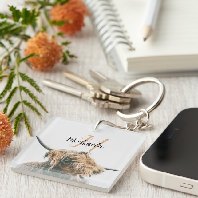 Highland cow portrait custom name initial monogram key ring (Front Right)