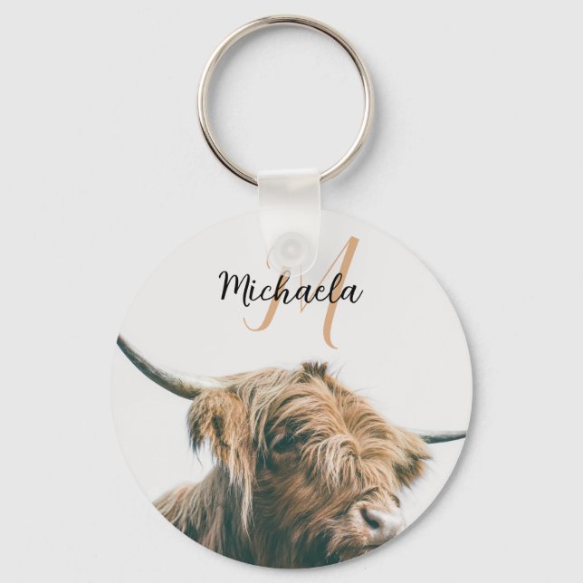 Highland cow portrait custom name initial monogram key ring (Front)