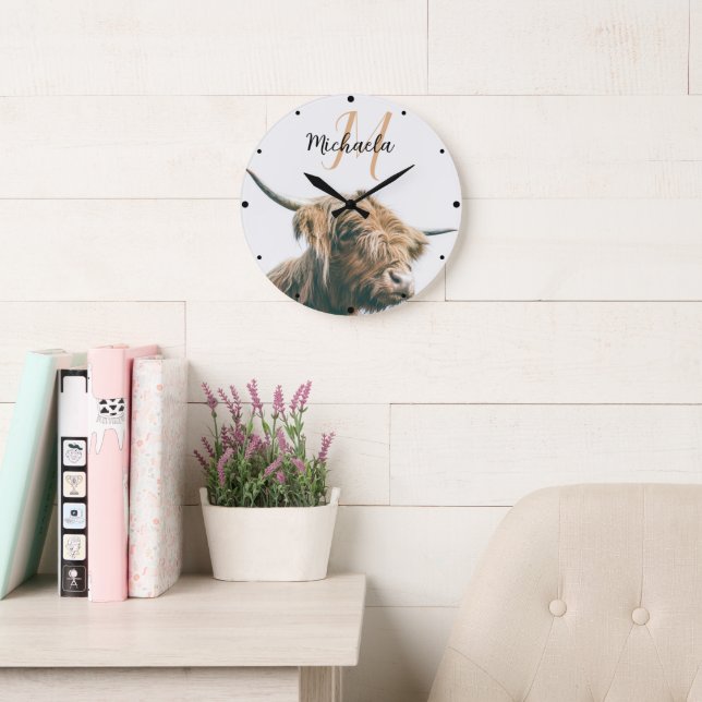 Highland cow portrait custom name initial monogram large clock (Reading Room)