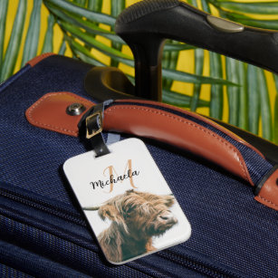Highland cow portrait custom name initial monogram luggage tag