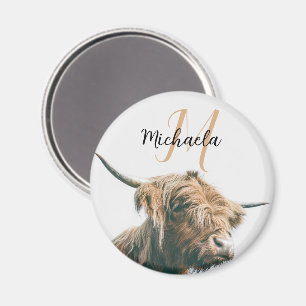 Highland cow portrait custom name initial monogram magnet