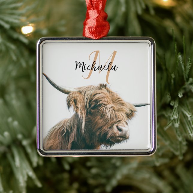 Highland cow portrait custom name initial monogram metal tree decoration (Tree)