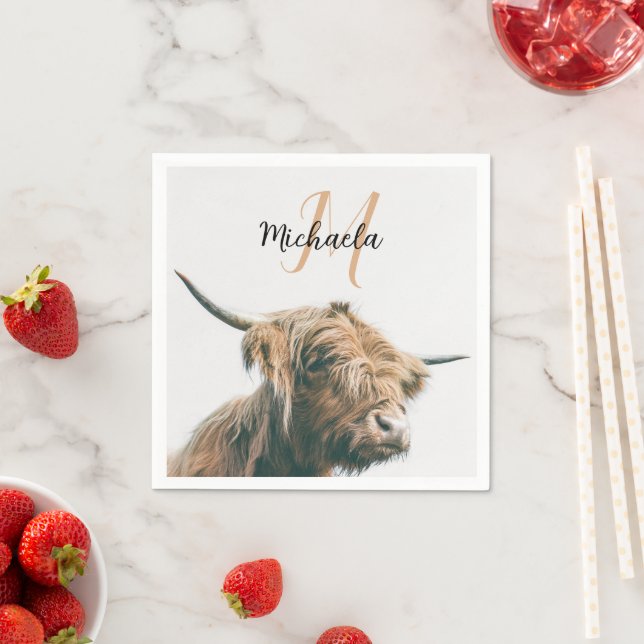 Highland cow portrait custom name initial monogram napkin (Insitu)