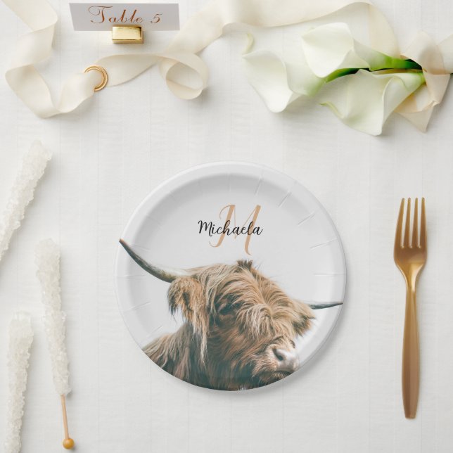 Highland cow portrait custom name initial monogram paper plate (Wedding)