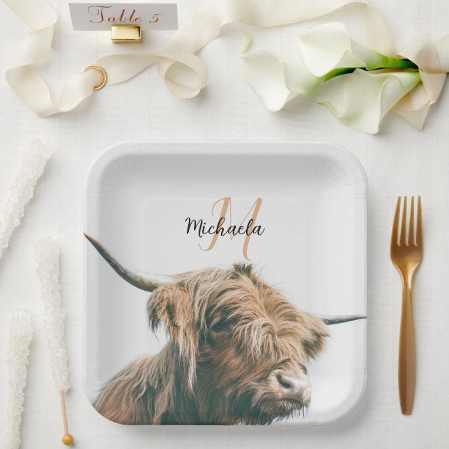 Highland cow portrait custom name initial monogram paper plate (Wedding)