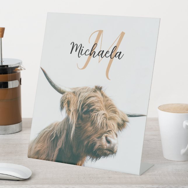 Highland cow portrait custom name initial monogram pedestal sign (In SItu)