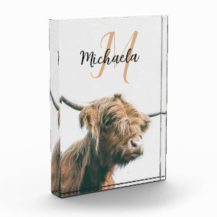Highland cow portrait custom name initial monogram photo block