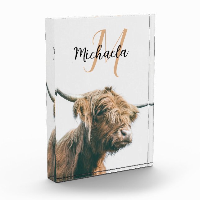 Highland cow portrait custom name initial monogram photo block (Left)