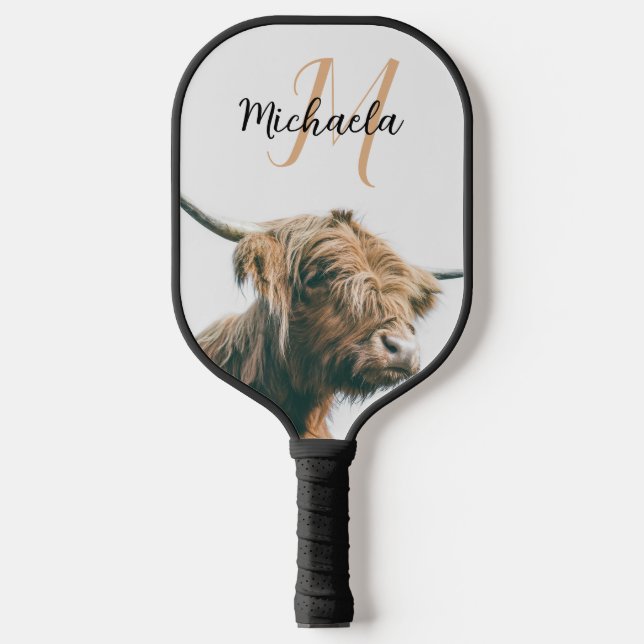 Highland cow portrait custom name initial monogram pickleball paddle (Front)