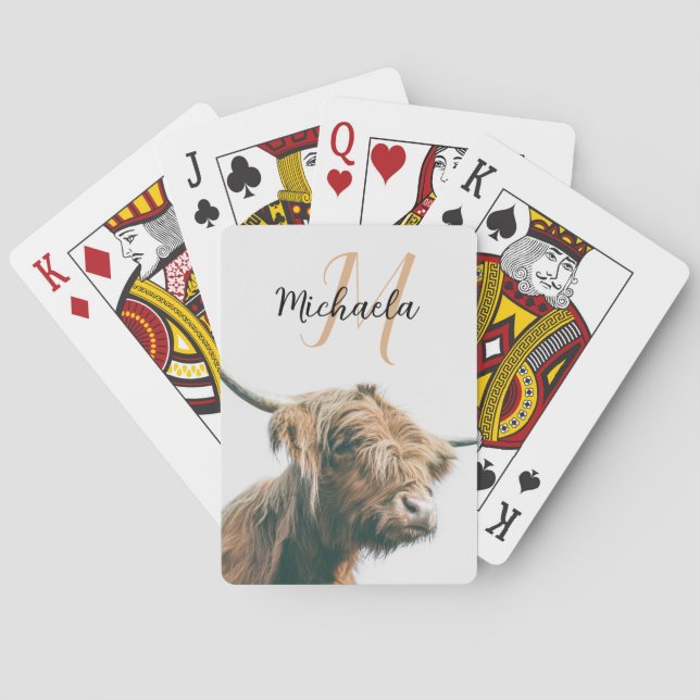 Highland cow portrait custom name initial monogram playing cards (Back)