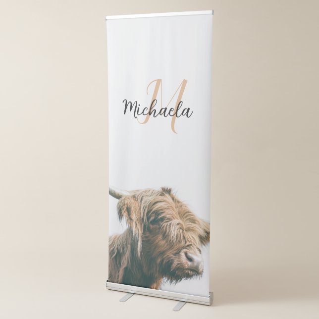 Highland cow portrait custom name initial monogram retractable banner (3/4)