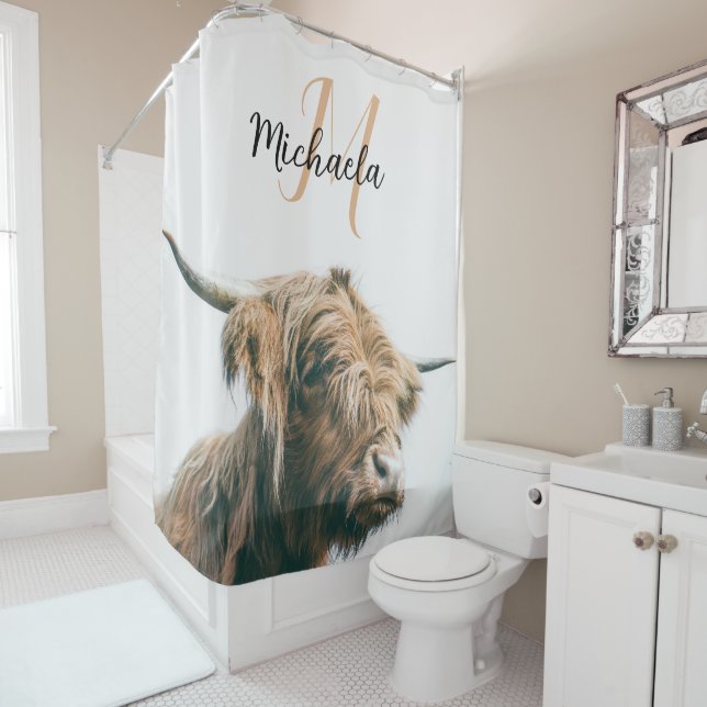 Highland cow portrait custom name initial monogram shower curtain (In Situ)