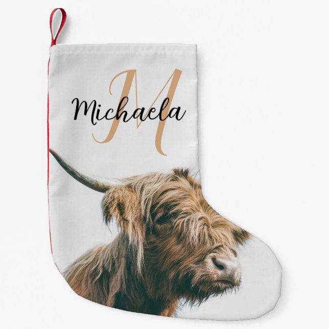Highland cow portrait custom name initial monogram small christmas stocking (Front)
