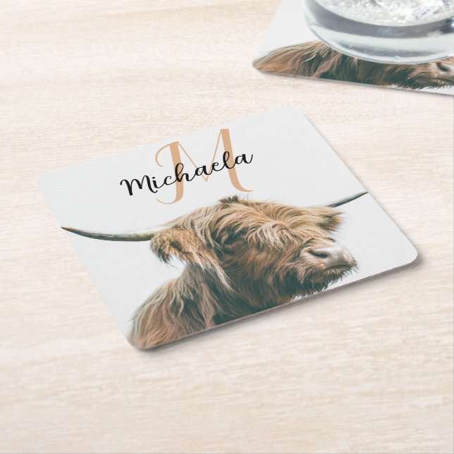 Highland cow portrait custom name initial monogram square paper coaster (Angled)