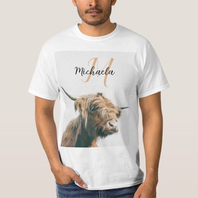 Highland cow portrait custom name initial monogram T-Shirt (Front)