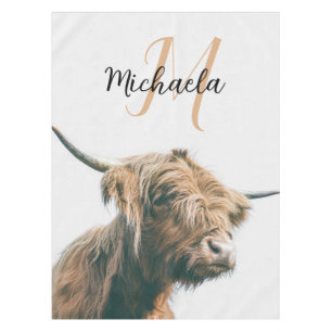 Highland cow portrait custom name initial monogram tablecloth