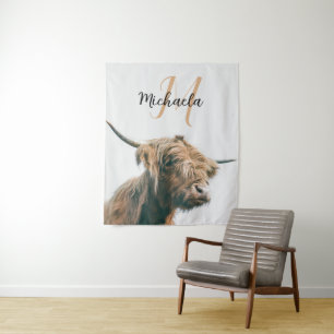 Highland cow portrait custom name initial monogram tapestry