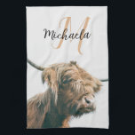 Highland cow portrait custom name initial monogram tea towel<br><div class="desc">Highland cow portrait custom name initial monogram. Portrait photograph of a majestic orange brown highland cattle on a foggy day with white background.</div>