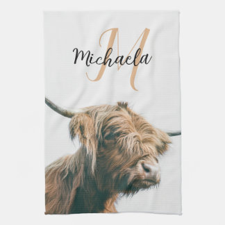 Highland cow portrait custom name initial monogram tea towel