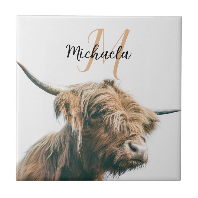 Highland cow portrait custom name initial monogram tile (Front)