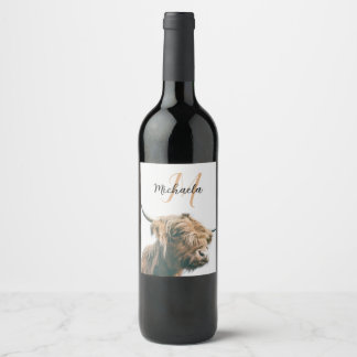 Highland cow portrait custom name initial monogram wine label